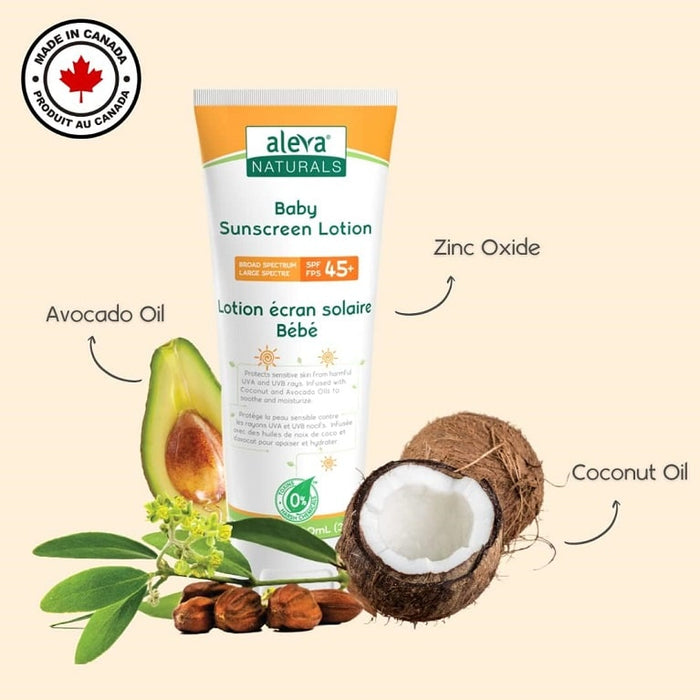 Aleva Naturals Organic Ingredients Baby & Toddler Sunscreen Lotion SPF 45+ Fragrance-Free 3.4 fl oz. /100 ml