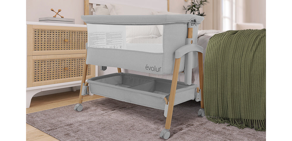Evolur Lullaby Portable Bassinet with Wheels – Light Grey