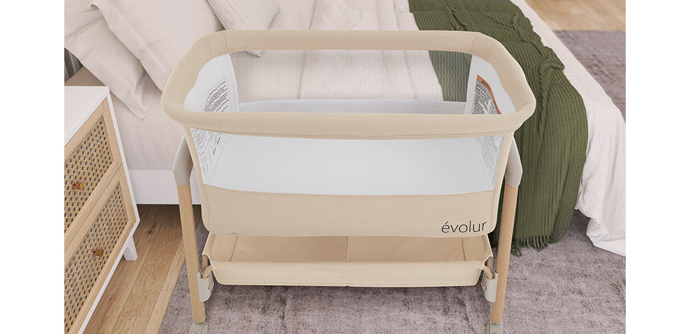 Evolur Lullaby Portable Bassinet with Wheels – Beige lifestyle