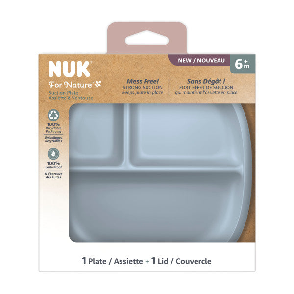 NUK For Nature suction plate with lid for babies, shown in eco-friendly retail packaging.