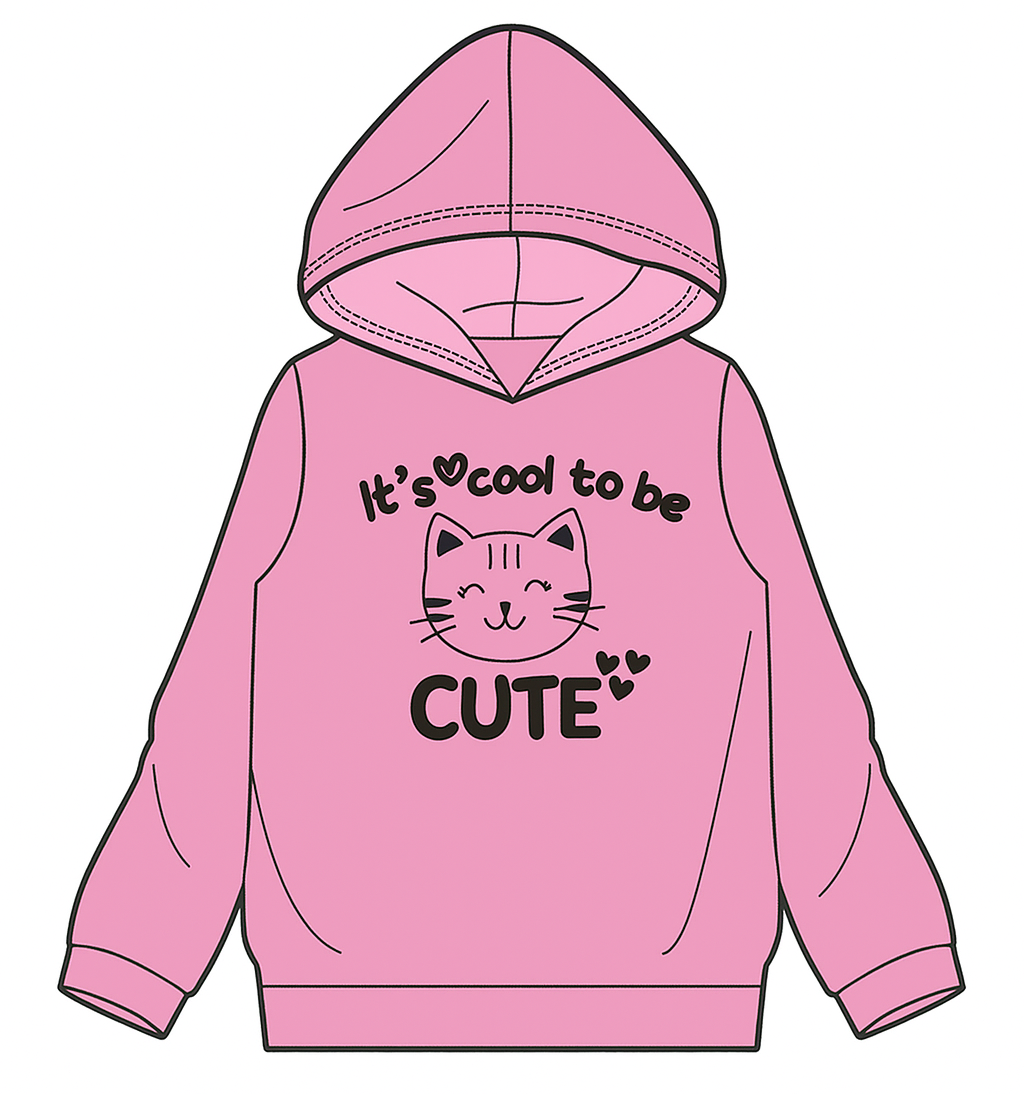 Pink kids hoodie with cat face and 'It's cool to be cute' text, long sleeves, hooded top