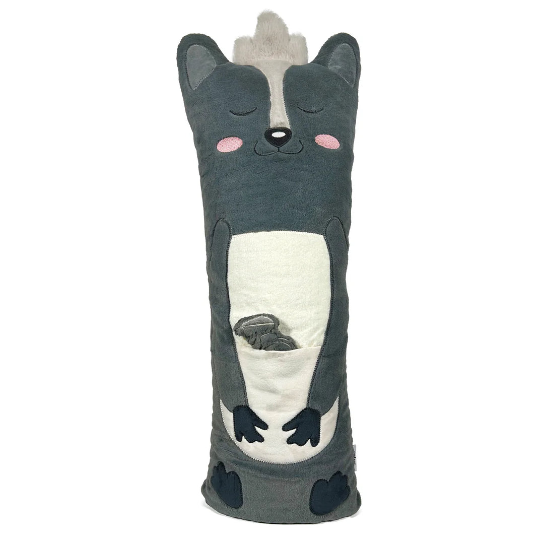 Plush skunk pillow for kids with closed eyes, grey and white, soft toy design