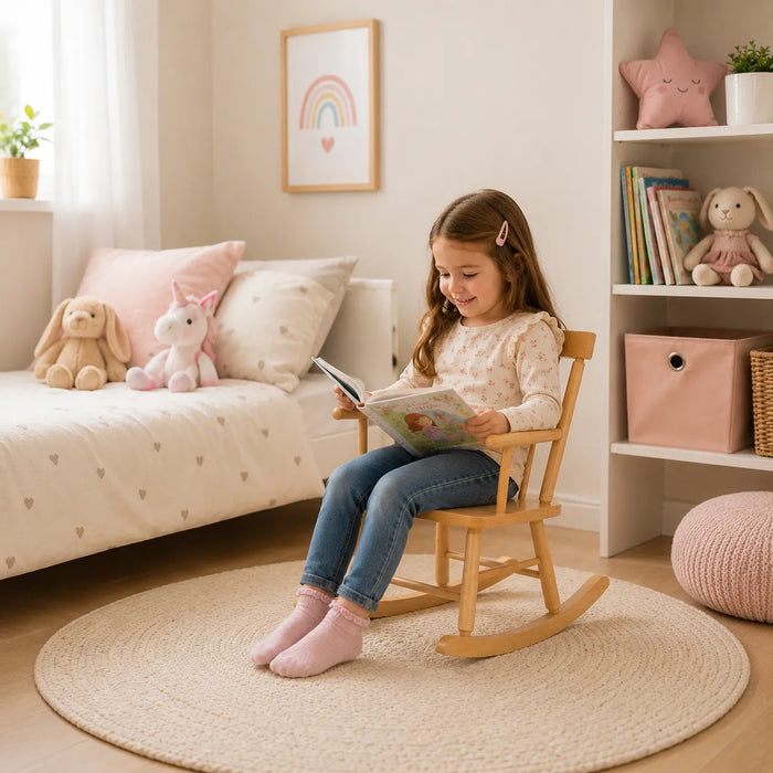Economy solid maple wooden rocking chair for kids - Little girl on the rocking chair in her room reading a book