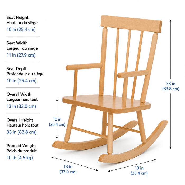 Economy solid maple wooden rocking chair for kids - dimensions