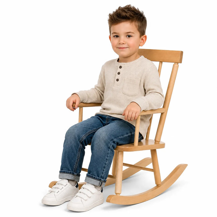 Economy solid maple wooden rocking chair for kids -  little boy on the rocking chair on white background