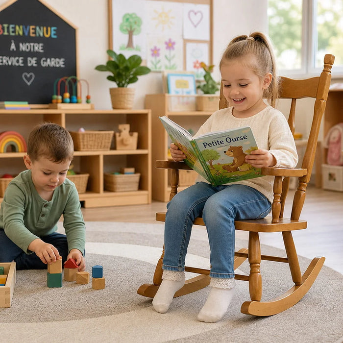 Solid wood kids daycare rocking chair in a daycare center with children playing - Goldtex