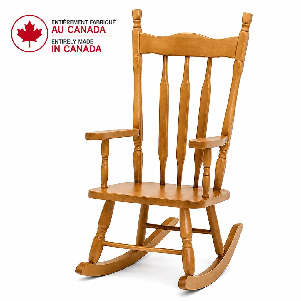 Kids Wooden rocking chair with 'Entirely Made in Canada' label on a white background