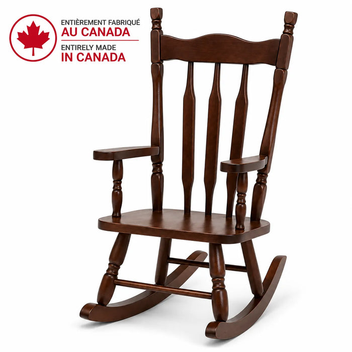 Kids Wooden rocking chair with 'Entirely Made in Canada' label on a white background