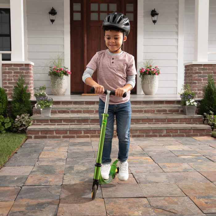 Tomy - John Deere Kids’ Kick Scooter – Lightweight Aluminum Scooter with Lighted Wheels & Adjustable Height – Ages 5+