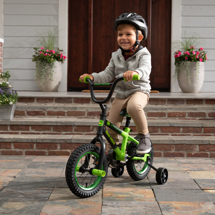 Vélo pour enfant John Deere Mean Green avec roues d'entraînement amovibles – Vélo pour garçon 12 pouces – 3 ans et plus