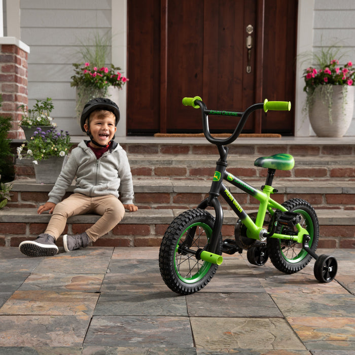 Vélo pour enfant John Deere Mean Green avec roues d'entraînement amovibles – Vélo pour garçon 12 pouces – 3 ans et plus