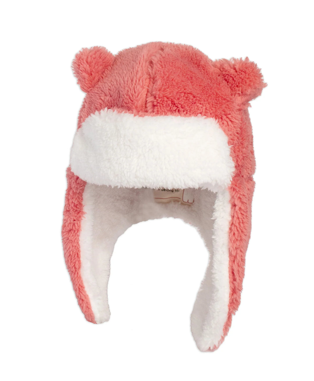 Pink and white fuzzy baby winter hat with ear flaps and bear ears, cozy kids accessory
