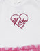 Nike baby dress with pink heart logo embroidery and pink tulle ruffle detail, close-up view.