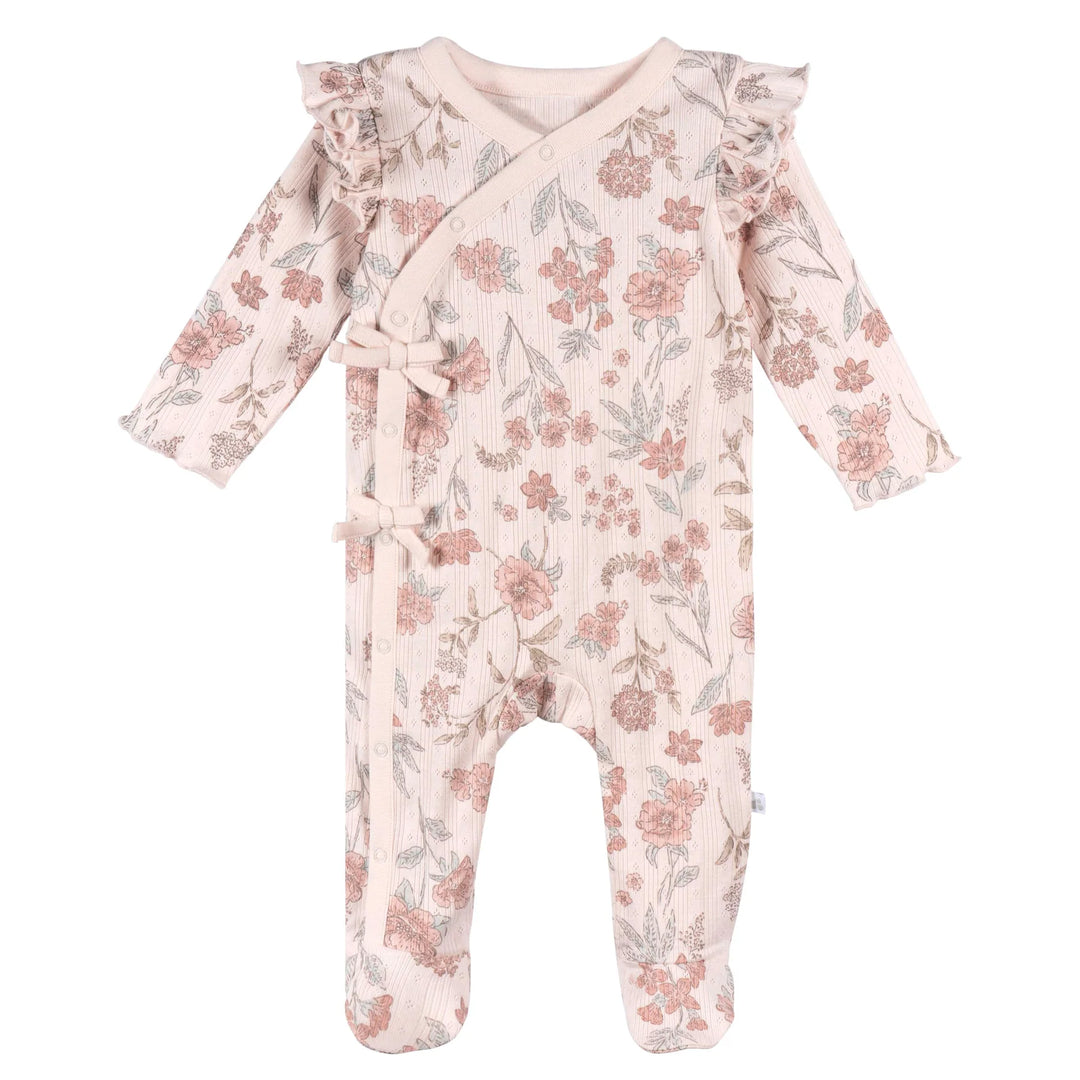 Floral long-sleeve baby footed romper with ruffle shoulders and side bow details