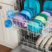 Assorted kids' divided plates and cups neatly arranged on the top rack of a dishwasher.