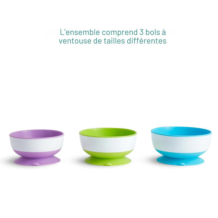 Set of three suction baby bowls in purple, green, and blue, displayed side by side on a white background.