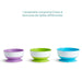 Set of three suction baby bowls in purple, green, and blue, displayed side by side on a white background.