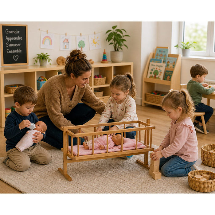 Children playing with a doll in a wooden crib in a classroom sititng with the teacher - Goldtex