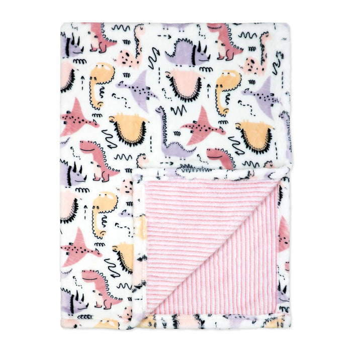 Soft baby blanket with pastel dinosaur print and pink striped underside, shown folded on white background.