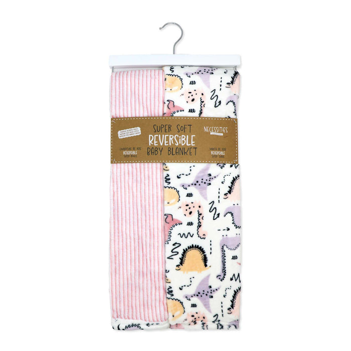 Super Soft Reversible Baby Blanket displayed on a hanger with pink stripes and animal print sides.