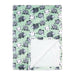 Mint green baby blanket with sheep pattern shown flat with corner folded to reveal soft inner lining.