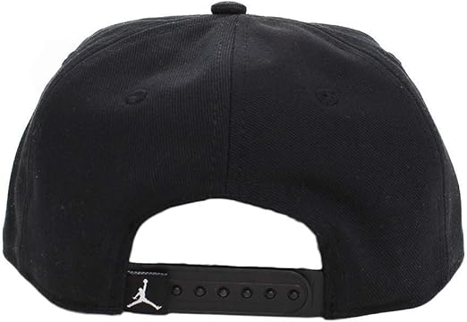 Black adjustable snapback cap shown from the back with a white logo on the closure.