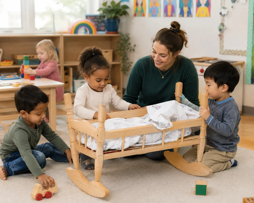 Solid maple wooden doll cradle - children  playing with the cradle at daycare