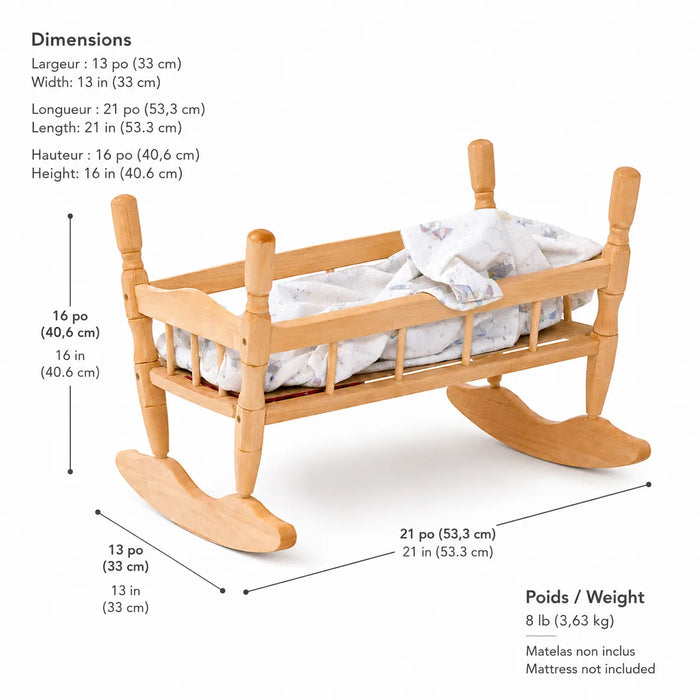 Solid maple wooden doll cradle - dimensions