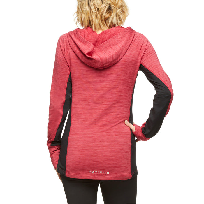 Matletik red and black women's hoodie shown from the back on a standing model.
