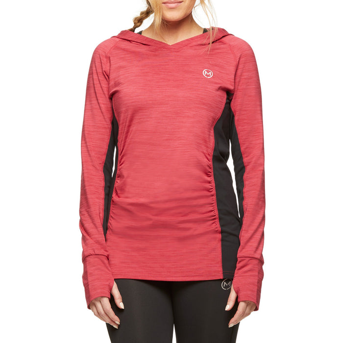 Women's red long sleeve athletic hoodie with black side panels, shown on a model front view.