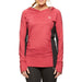 Women's red long sleeve athletic hoodie with black side panels, shown on a model front view.