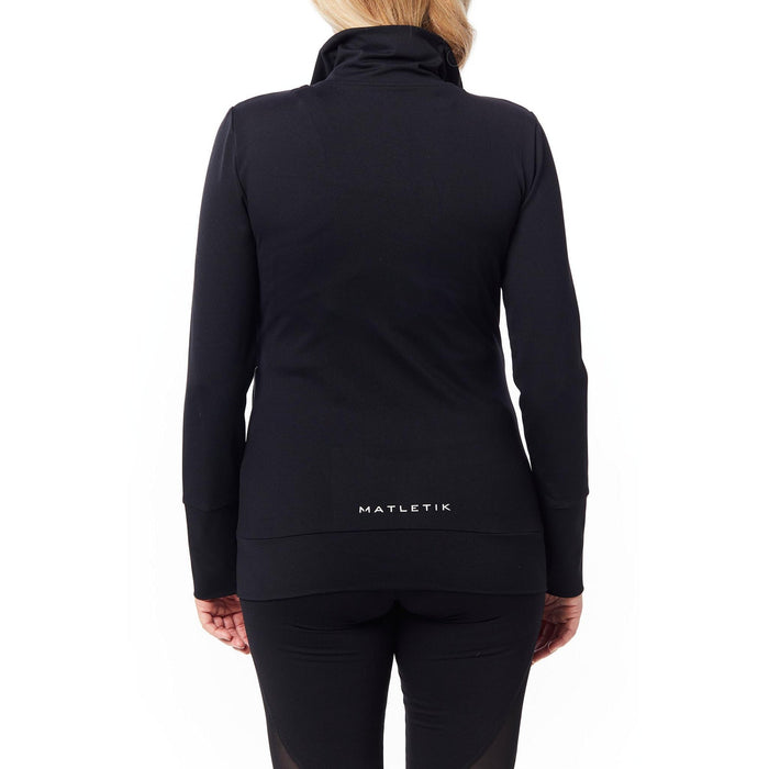 Matletik black long sleeve maternity jacket shown from the back on a woman standing.