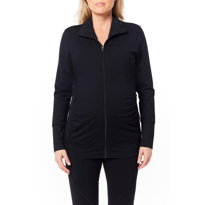 Black maternity jacket with front zipper shown on a woman standing against a white background.