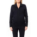 Black maternity jacket with front zipper shown on a woman standing against a white background.