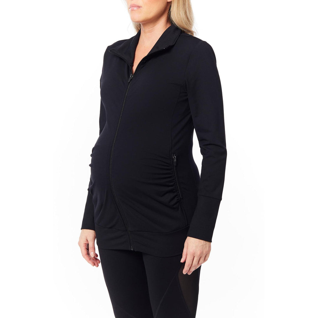 Black maternity zip-up jacket shown on a pregnant model against a white background.