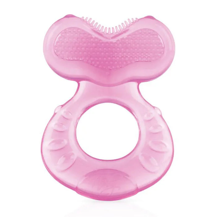 Nuby Teethe-eez soft silicone teether in pink shown on a plain white background.