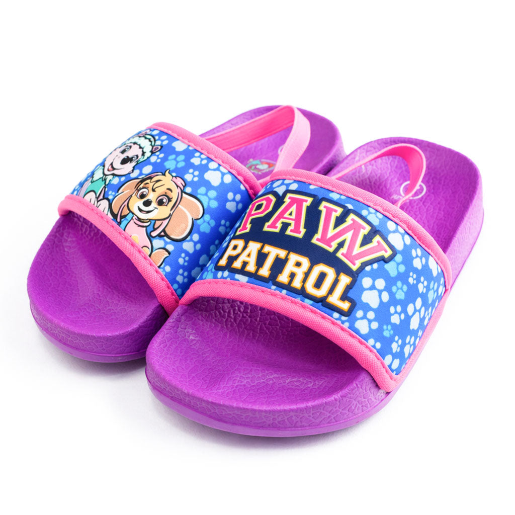 Paw Patrol girls' purple sandals with character graphics and paw prints on a white background.