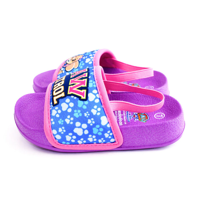 Paw Patrol girls' purple and pink sandals with cartoon paw prints, shown side by side on white background.