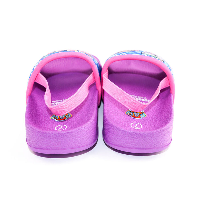 Paw Patrol girls’ purple and pink sandals shown from the back on a white background.