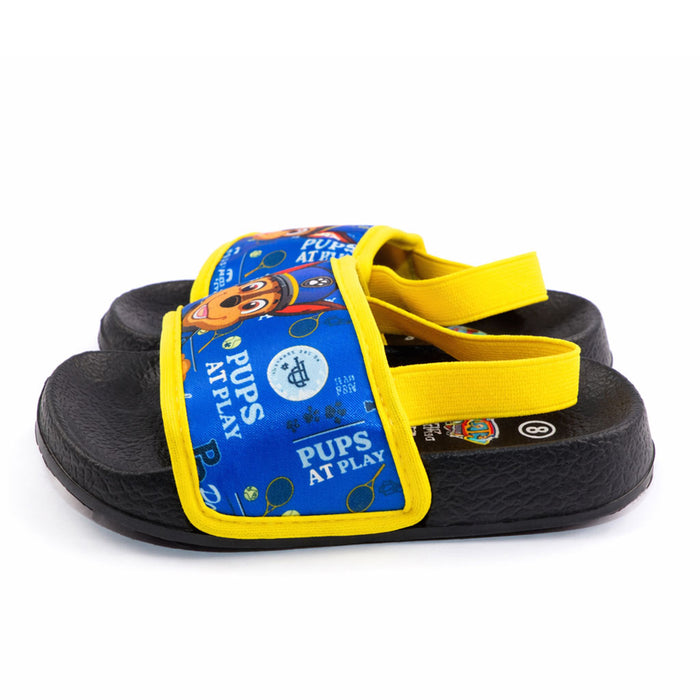 Paw Patrol boys’ sandals with blue and yellow straps, shown in a side view on white background.