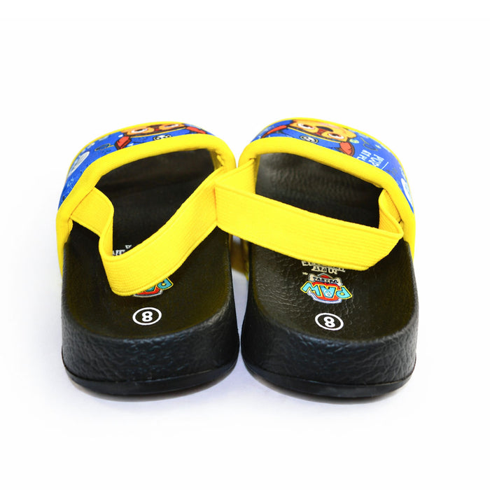 Paw Patrol boys' sandals with yellow straps and cartoon design, shown from the back on a white surface.