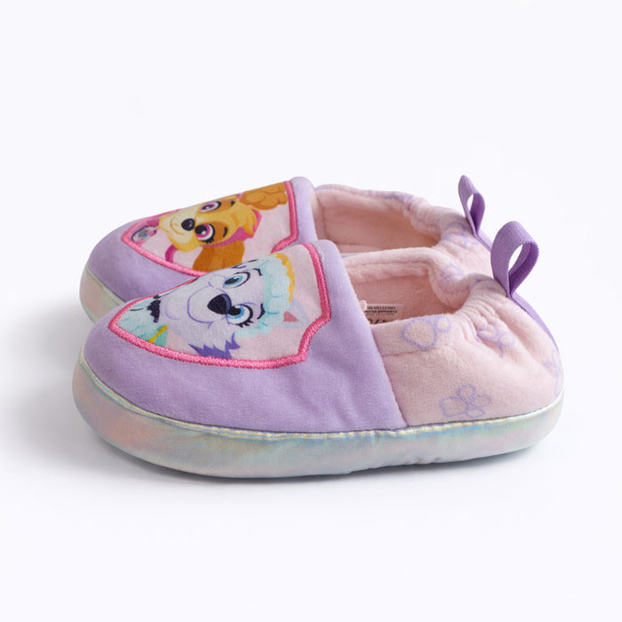 Girls Paw Patrol slippers in pink and purple with cartoon character faces, shown side by side on white background.
