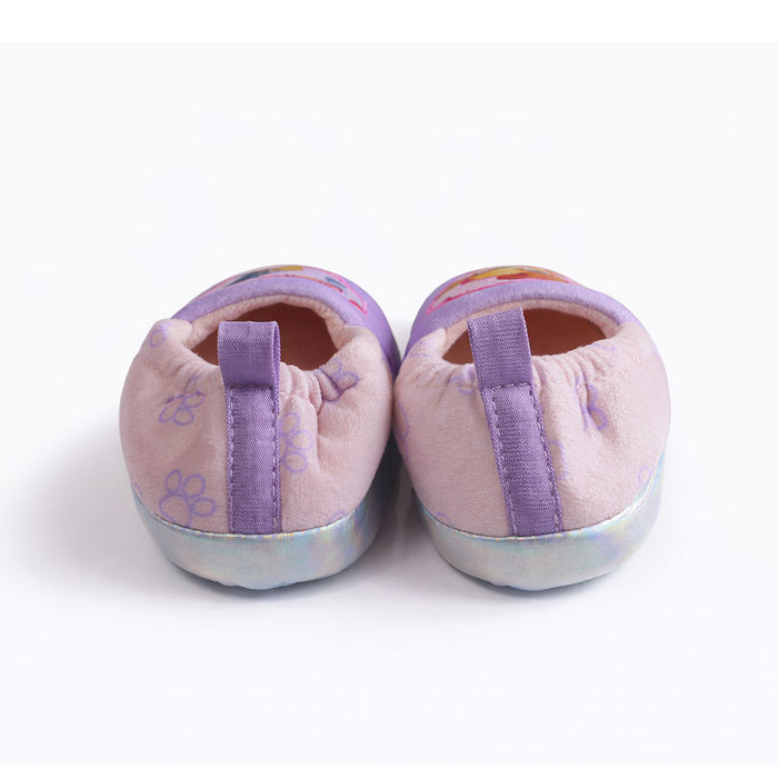 Girls Paw Patrol slippers shown from the back, featuring pink and purple plush fabric with paw prints.