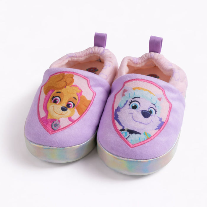 Girls Paw Patrol slippers with Skye and Everest characters on a white background.