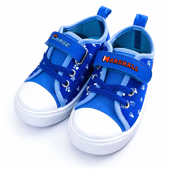 Paw Patrol boys blue canvas shoes with character names Chase and Marshall, shown on white background.