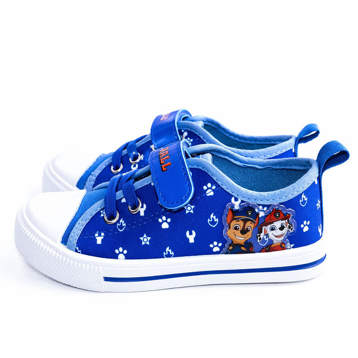 Paw Patrol boys' blue canvas shoes with cartoon character prints, shown on a white background.