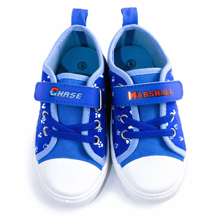 Paw Patrol boys canvas shoes in blue with Chase and Marshall designs shown from above on white background.