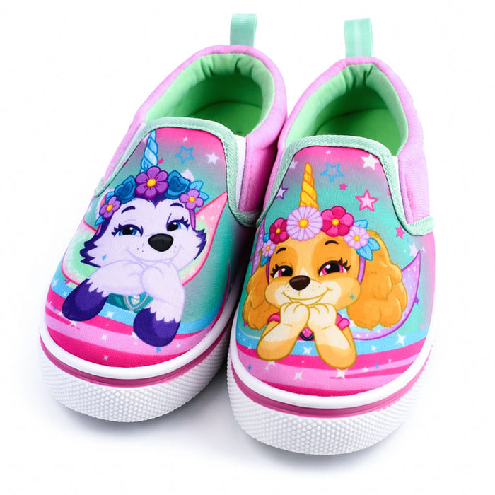 Girls' slip-on canvas shoes with Paw Patrol characters, shown side by side on a white background.