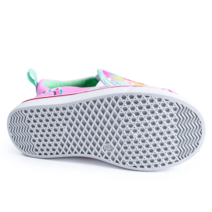 Girls Paw Patrol slip-on canvas shoe shown from the bottom to display tread pattern.