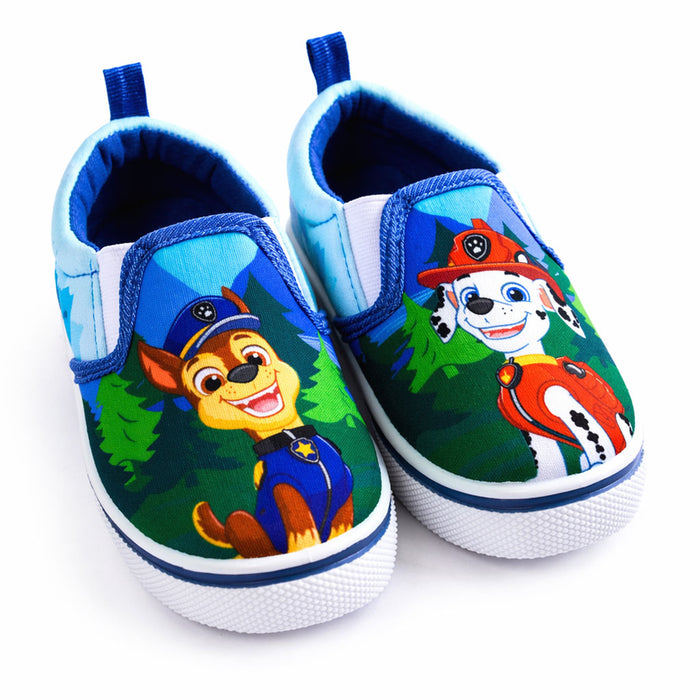 Paw Patrol boys' slip-on canvas shoes featuring character prints, shown on a white background.